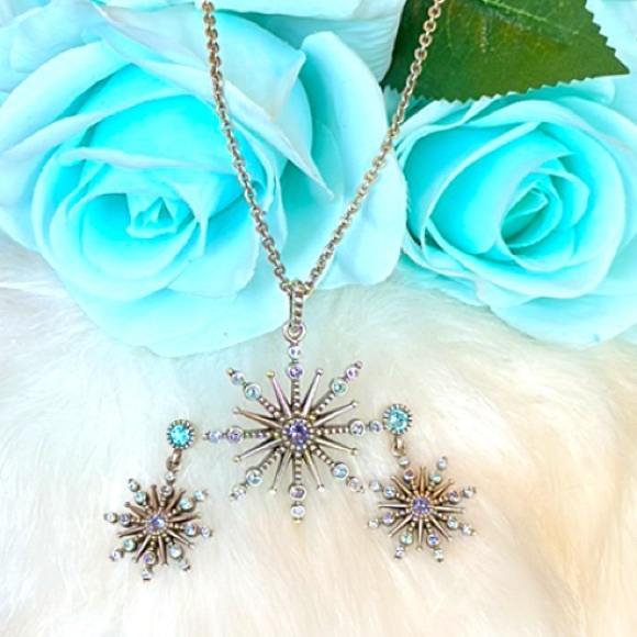 Brighton HALO STARLIT Tanzanite Aqua Blue Silver Starburst Necklace Earrings set
